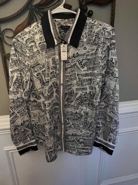 Talbots Black and White Illustrated Button Front Shirt